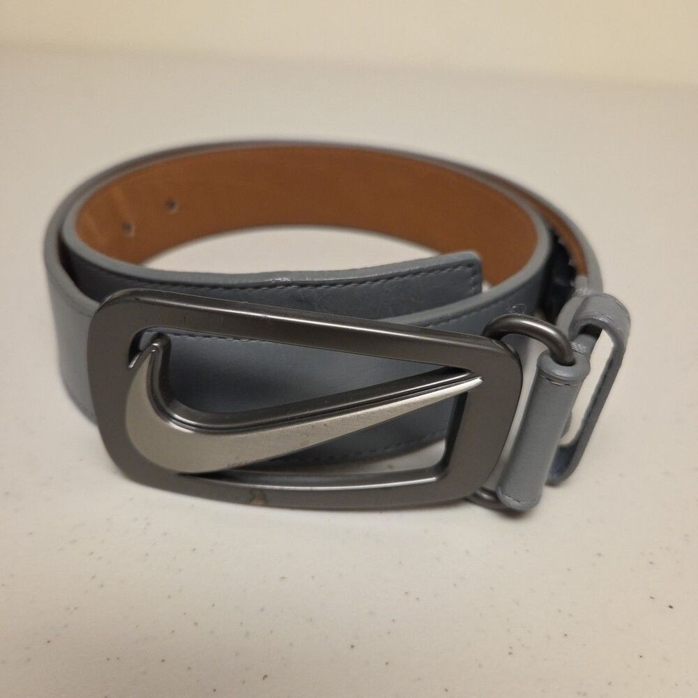 Nike Golf Grip Tech Grey Leather Belt 37” M - L Metal Swoosh Buckle